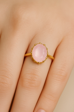 Kissmis Anti-Tarnish Oval Light Pink Gemstone Ring – Gold Finish