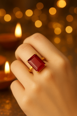 Kissmis Anti-Tarnish Rectangular Red Gemstone Ring – Gold Finish