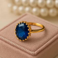 Kissmis Royal Blue Oval Sapphire Ring – Gold Finish