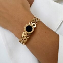 Kissmis Anti-Tarnish Black Dial Motif Openwork Cuff Bracelet – Gold Finish
