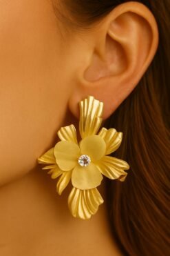 Kissmis Anti-Tarnish Gold Floral Earrings with Crystal Center