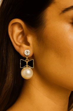 Kissmis Anti-Tarnish Luxe Bow Pearl Drop Earrings – Gold & Black