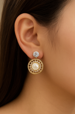Kissmis Anti-Tarnish Pearl & Crystal Halo Drop Earrings – Gold Finish