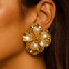 Kissmis Anti-Tarnish Golden Petal Radiance Earrings – Pearlized White & Amber Center