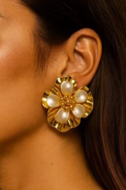 Kissmis Anti-Tarnish Golden Petal Radiance Earrings – Pearlized White & Amber Center