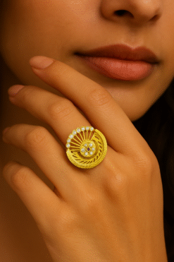 Kissmis Anti-Tarnish Circular Floral Ruby-CZ Gold-Tone Statement Ring