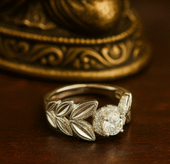 Kissmis Anti-Tarnish Leaf Crown Sparkle White Stone Ring
