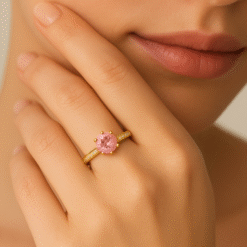 Kissmis Anti-Tarnish Gold Finish Pink Solitaire Engagement Ring