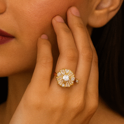 Kissmis Eternal Bloom Golden Floral Crystal Adjustable Ring