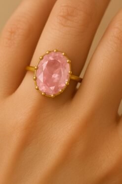 Kissmis Anti-Tarnish Shiny Rose Pink Oval Ring – Gold-Tone