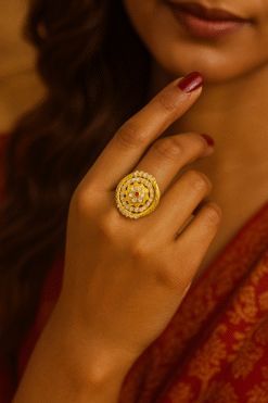 Kissmis Anti-Tarnish Regal Blossom Crystal Round Ring – Gold Finish